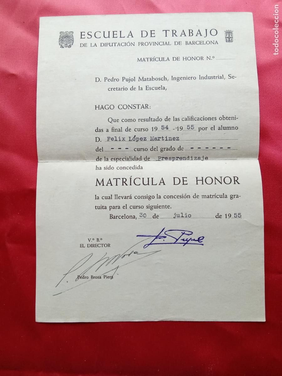 Antig&uuml;edades: Escuela de trabajo de Barcelona. Matricula de Honor 1955 Papel.42