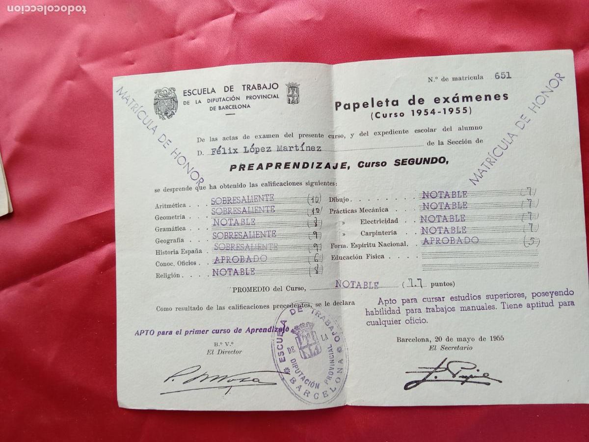 Antig&uuml;edades: Papeleta de ex&aacute;menes 1954-1955, escuela de trabajo Papel.42