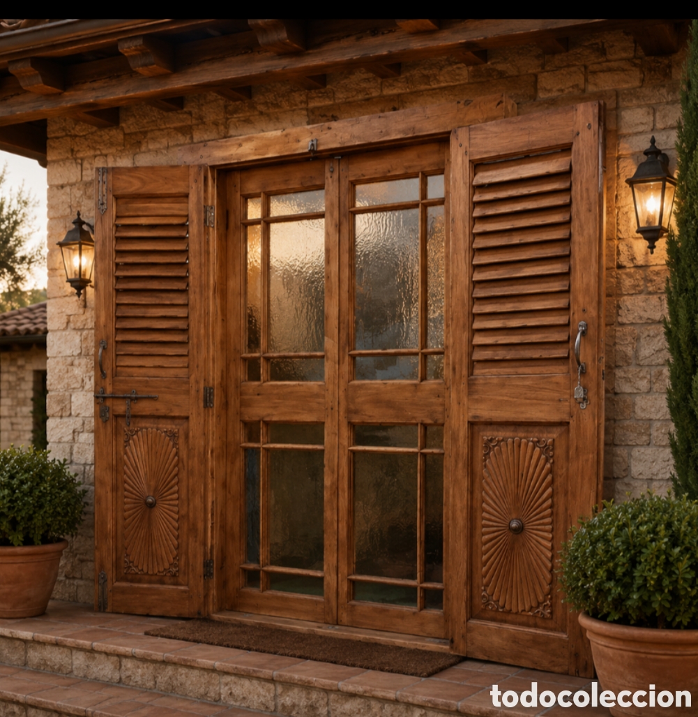 Antig&uuml;edades: Espectacular Port&oacute;n de Entrada R&uacute;stico en Madera Maciza con Contraventanas y Cristalera - 221 x 230