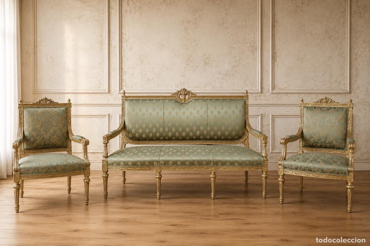 Antiquit&auml;ten: Tresillo antiguo estilo Luis XVI pan de oro. Sof&aacute; antiguo 2 Dos Sillones antiguos Neocl&aacute;sico Franc&eacute;s