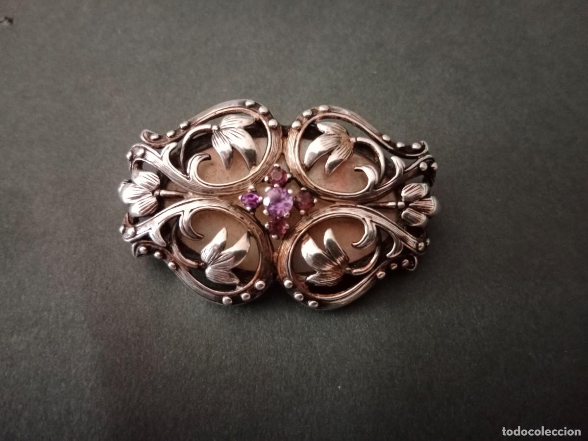 Antig&uuml;edades: PRECIOSO Y ANTIGUO BROCHE MODERNISTA EN PLATA Y CRISTALES VIOLETA
