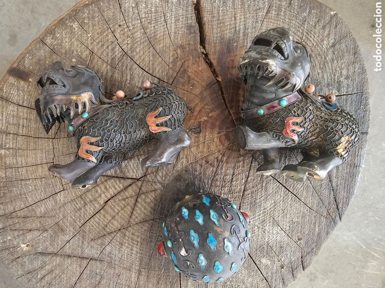 Antig&uuml;edades: Pareja Leones Fu Incensario plata Esmaltada