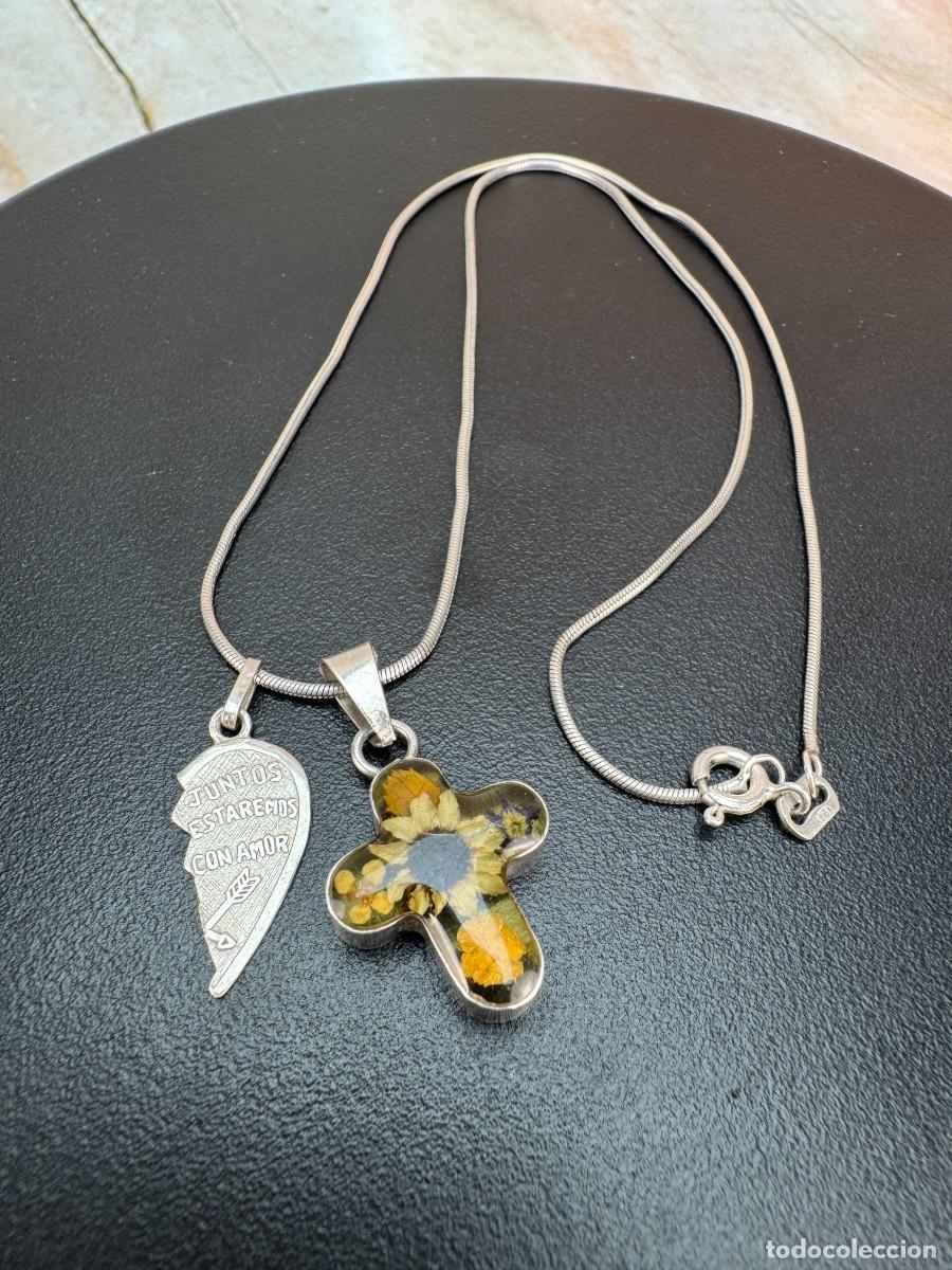 Antig&uuml;edades: Collar de plata de ley con cruz floral y colgante en forma de coraz&oacute;n | Joyer&iacute;a simb&oacute;lica hecha a ma