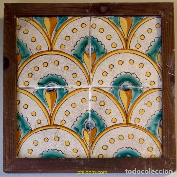 Antig&uuml;edades: ANTIGUAS BALDOSAS, AZULEJOS, RAJOLES DE CER&Aacute;MICA ENMARCADAS 4 unidades