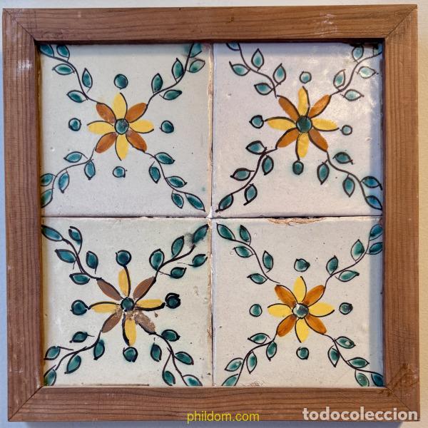 Antig&uuml;edades: ANTIGUAS BALDOSAS, AZULEJOS, RAJOLES DE CER&Aacute;MICA ENMARCADAS 4 unidades