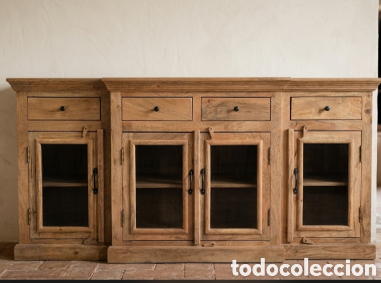 Antig&uuml;edades: Gran Aparador R&uacute;stico Colonial en Madera Maciza y Vitrina - 180 cm I8