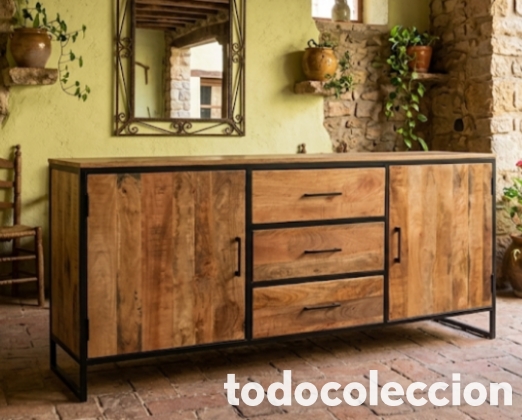 Antig&uuml;edades: Aparador Estilo Industrial de Madera Maciza y Hierro Negro (180 cm) - &iexcl;Impecable!