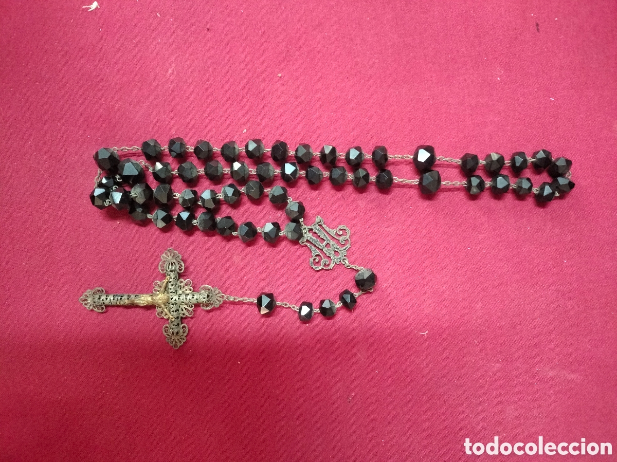 Antig&uuml;edades: rosario cat&oacute;lico antiguo de filigrana, plata y azabache,