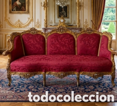 Antig&uuml;edades: Espectacular Sof&aacute; de 3 Plazas Estilo Luis XV / Isabelino (206 cm) &ndash; Madera Tallada y Dorada al Pan d