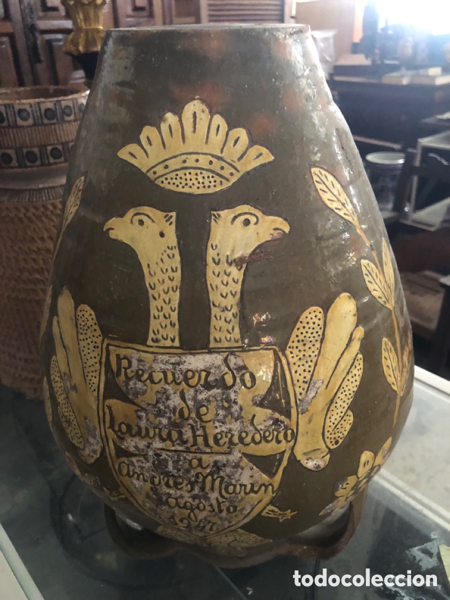 Antig&uuml;edades: Olla maja de novia alfarer&iacute;a popular Cuerva (Toledo Castilla La Mancha)1947