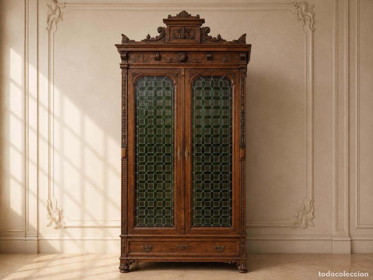 Antig&uuml;edades: Armario antiguo despacho estilo Alfonsino emplomado. Mueble Librero Estanter&iacute;a Librer&iacute;a Vitrina.