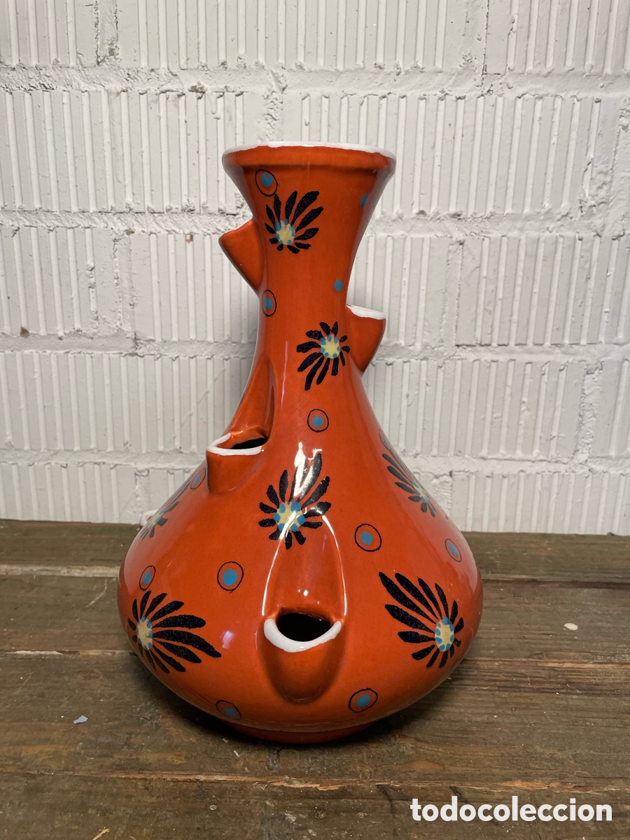 Antig&uuml;edades: JARR&Oacute;N DE CER&Aacute;MICA ESMALTADA PINTADO A MANO ANTIGUO. M&Uacute;LTIPLES BOCAS. FLORERO