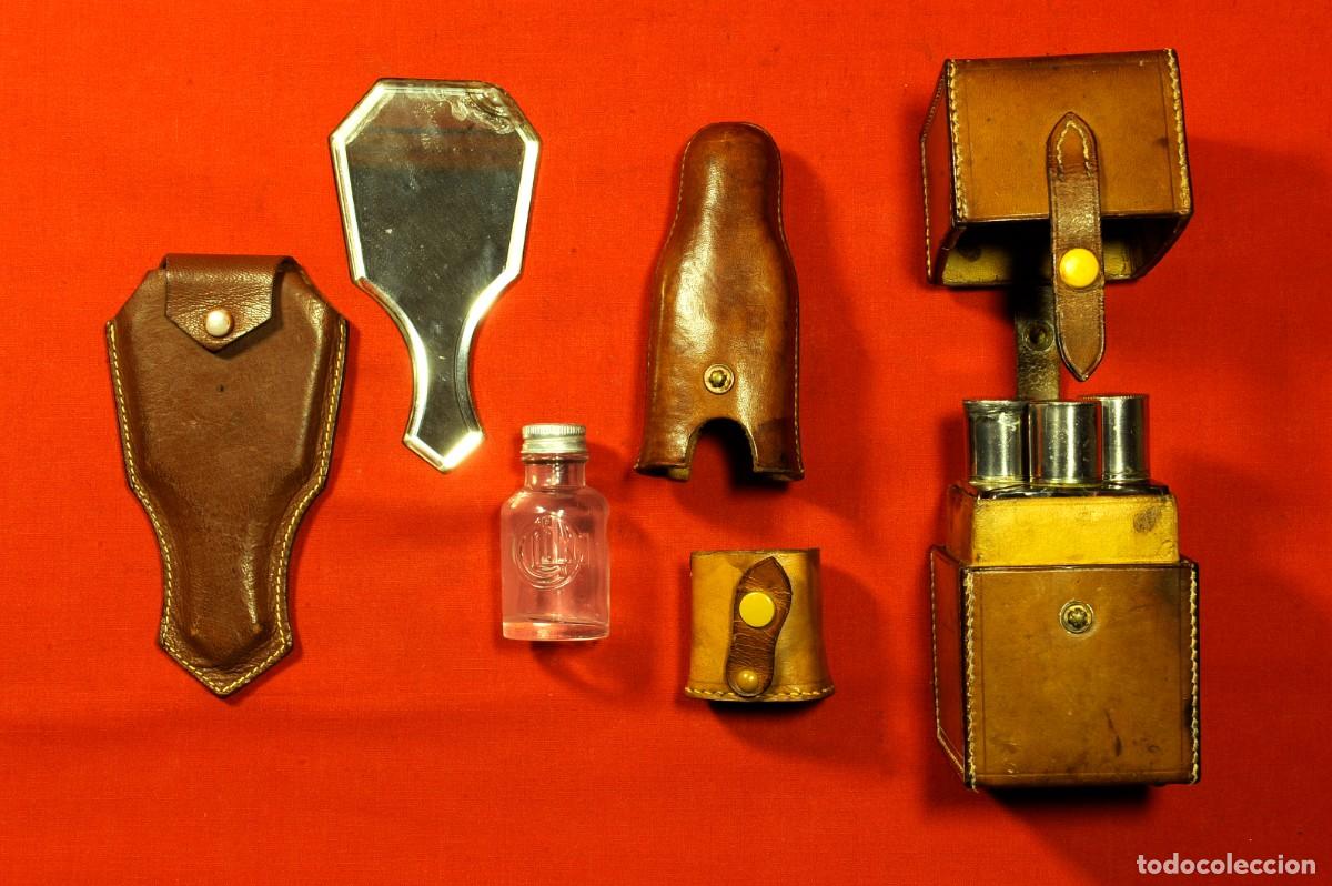 Antig&uuml;edades: Piezas de Antiguo neceser de Viaje Franc&eacute;s Art D&eacute;co en Cuero y Cristal c. 1935-40.