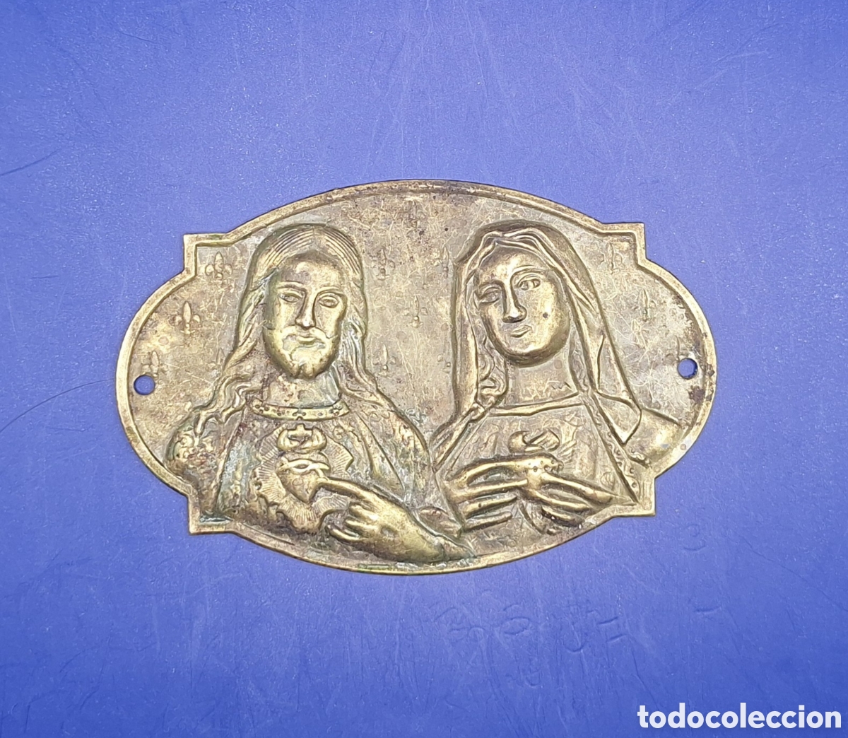 Antig&uuml;edades: Antigua Placa Religiosa Met&aacute;lica para Puerta del Sagrado Coraz&oacute;n de Jes&uacute;s y de Mar&iacute;a