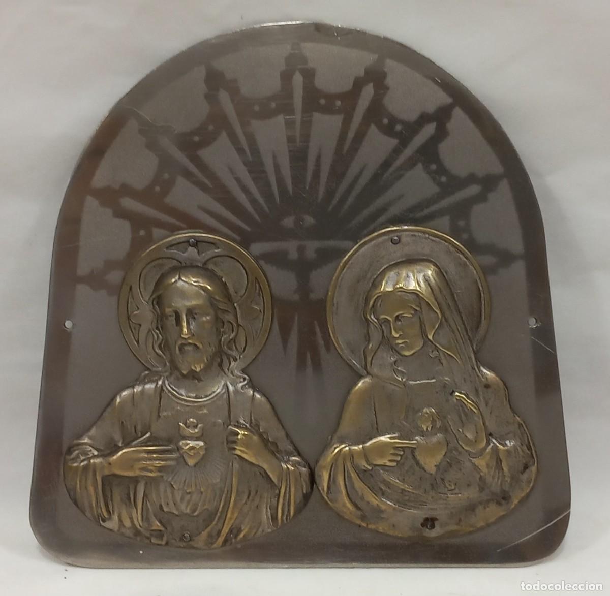Antig&uuml;edades: ANTIGUO DETENTE , PLACA DE PUERTA CON EL SAGRADO CORAZON DE JESUS Y INMACULADO CORAZON DE LA VIRGEN