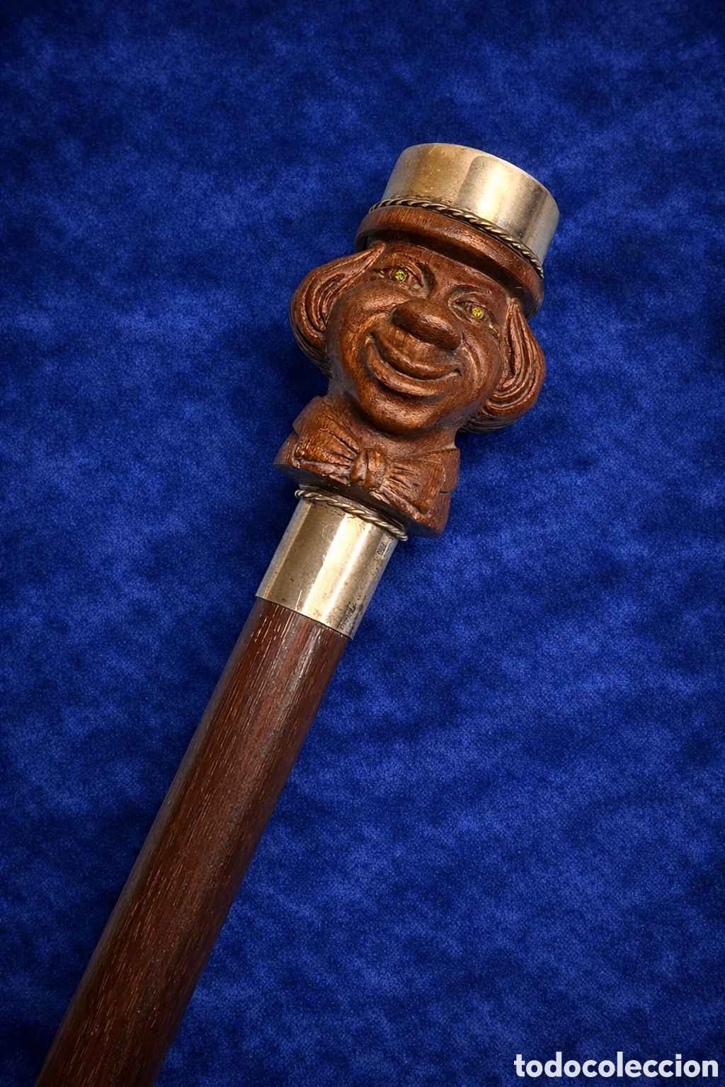 Antiques: Bast&oacute;n antiguo madera y plata cara payaso