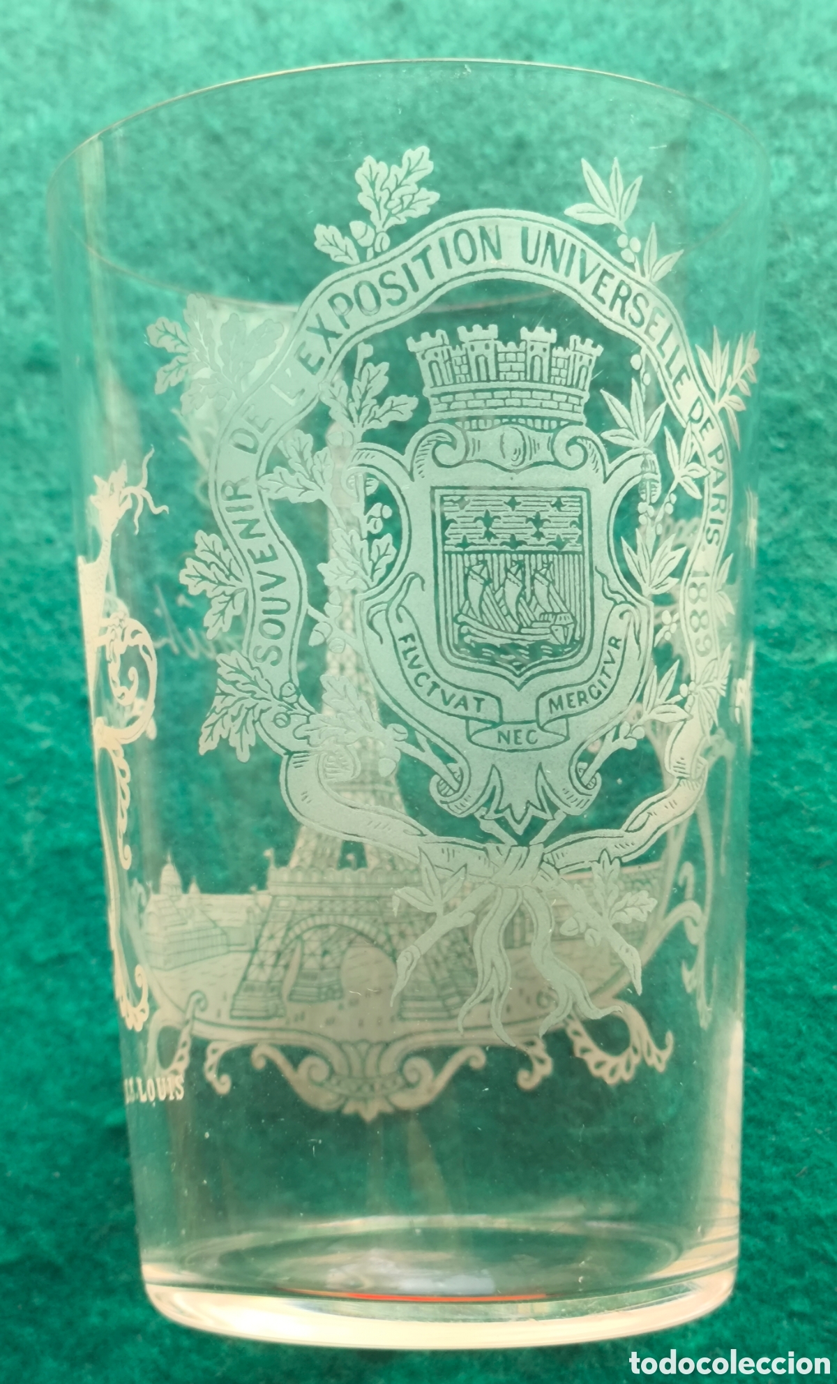 Antig&uuml;edades: JOLI ANCIEN VERRE GRAV&Eacute; EXPO UNIVERSALLE PARIS 1889 VASO VIDRIO GRABADO AL &Aacute;CIDO