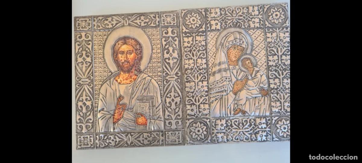 Antig&uuml;edades: Icon religioso Cristo pantocrator y Virgen con el ni&ntilde;o