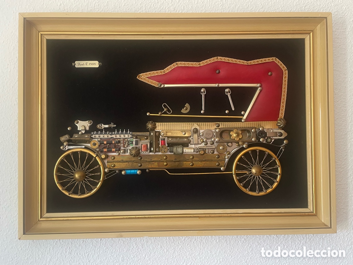Antig&uuml;edades: Cuadro decorativo Ford-T 1908, ensamblaje piezas de relojer&iacute;a, marco marfil