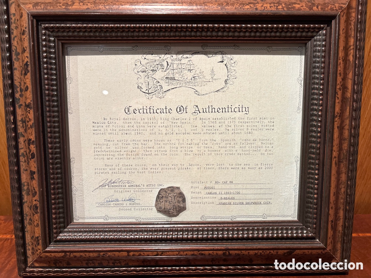 Antig&uuml;edades: Moneda Macuquina 8 Reales Potos&iacute; Carlos II (1665-1700) Plata de Naufragio con Certificado y Marco