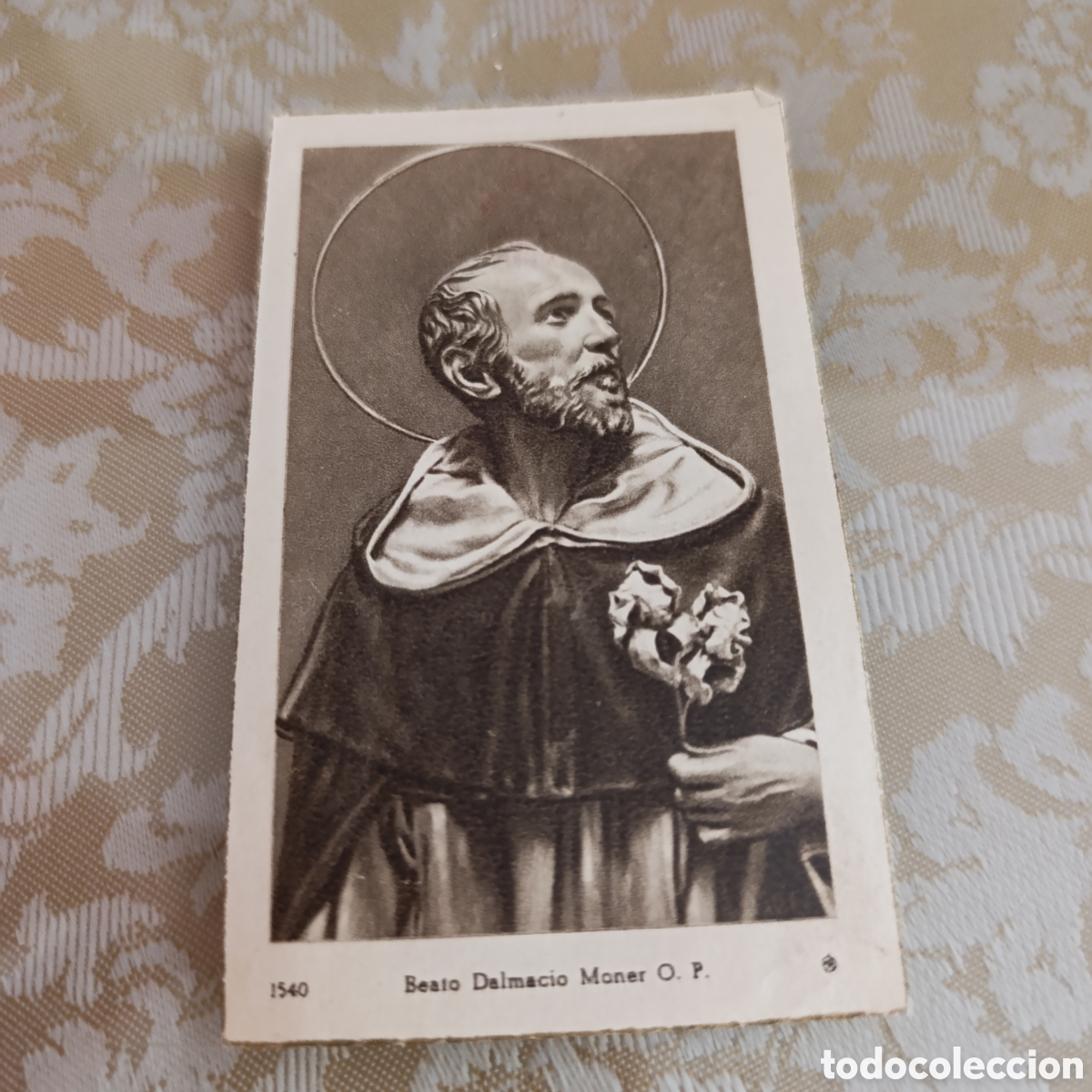 Antig&uuml;edades: Estampa antigua Beato Dalmacio Moner. Al dorso yugo y las flechas de la Falange.1956