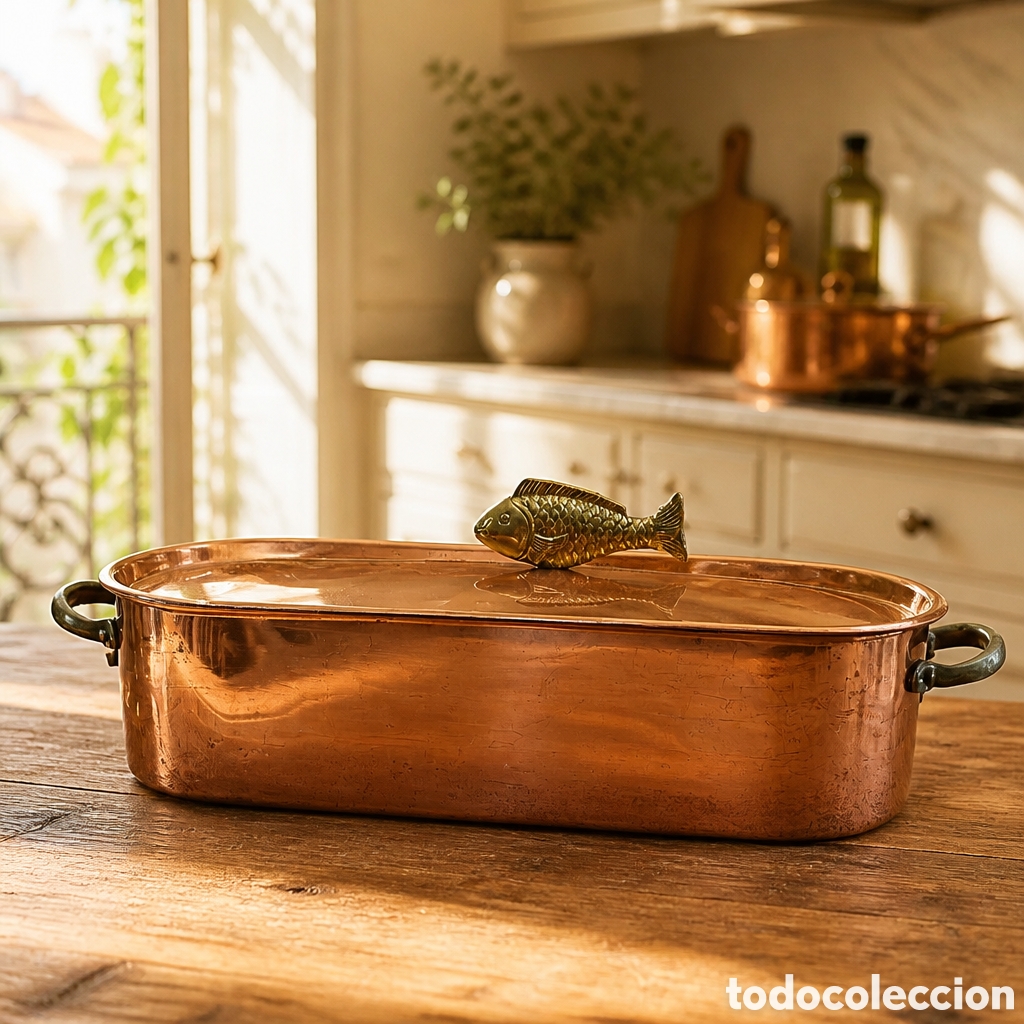Antig&uuml;edades: Sart&eacute;n, para pescado grande de cobre con adorno en bronce para escalfar pescado con tapa....