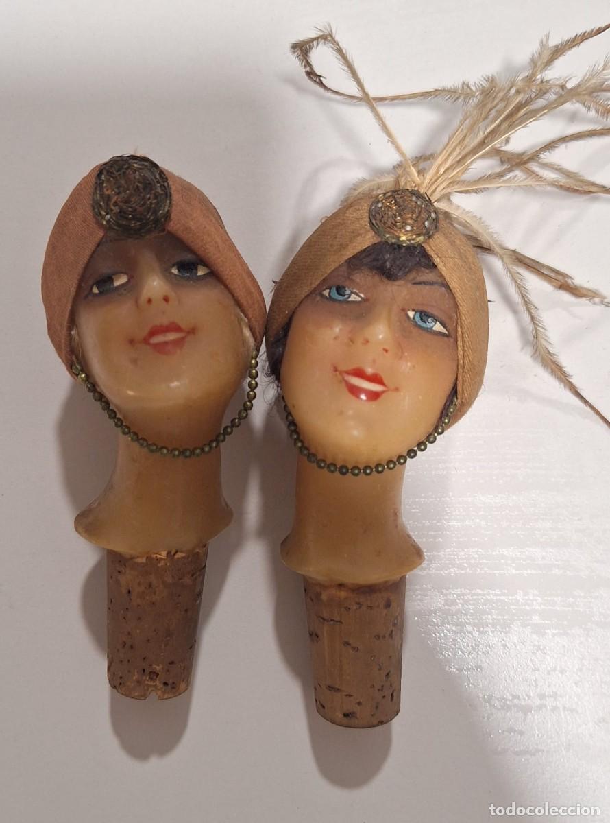 Antig&uuml;edades: Tapon de Botella de Cera Antiguo Franc&eacute;s con Cabeza de Maniqu&iacute;, Chica Flapper, a&ntilde;os 20, Pintado a Ma