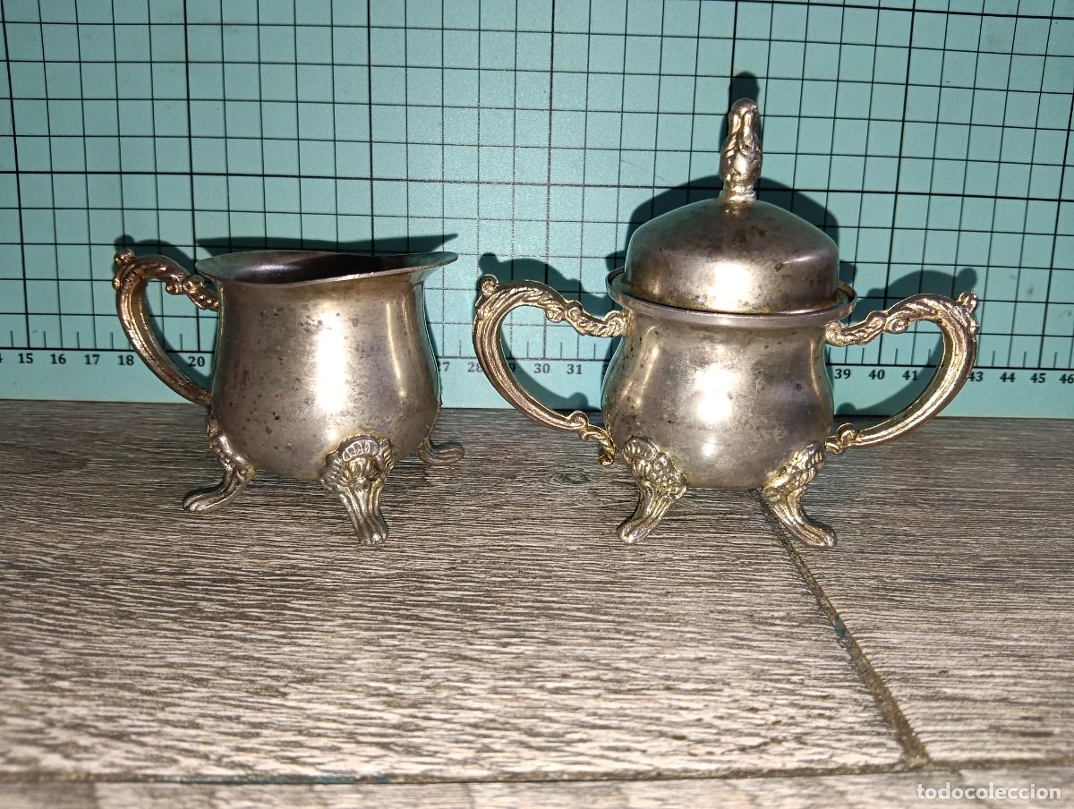 Antig&uuml;edades: Pareja Azucarero y Lechera Metal Plateado Vintage Patas Ornamentadas