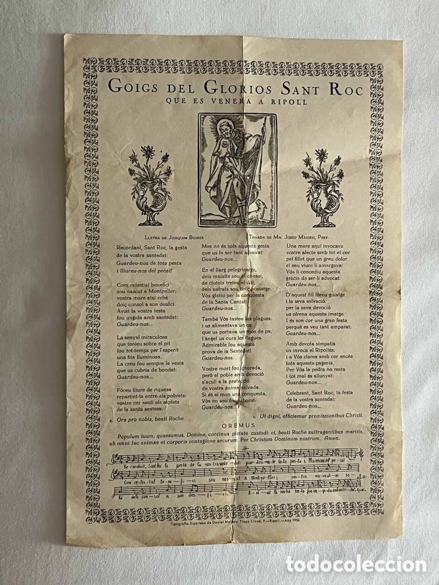 Antig&uuml;edades: RIPOLL (Girona) GOIGS GLORI&Oacute;S SANT ROC QUE ES VENERA A RIPOLL (a.1956)
