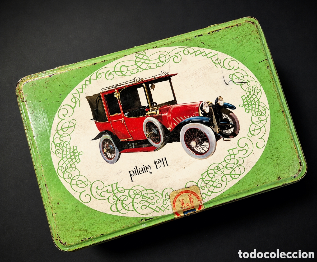 Antig&uuml;edades: Lata caja Cola-Cao vintage Pilain 1911 coches cl&aacute;sicos chapa litografiada verde