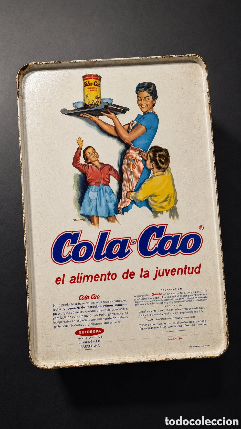 Antig&uuml;edades: Lata caja Cola-Cao vintage Pilain 1911 coches cl&aacute;sicos chapa litografiada verde