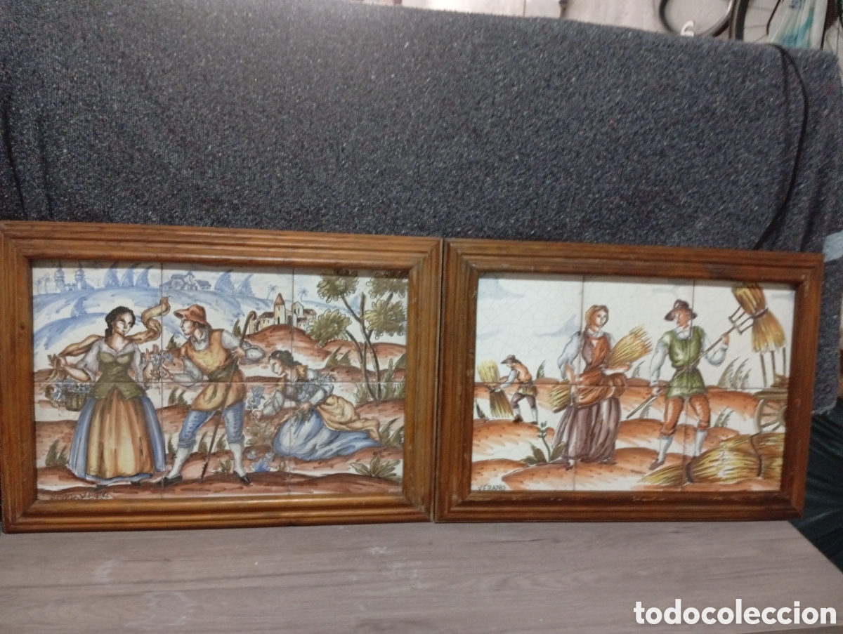 Antig&uuml;edades: Pareja de Cuadros Murales de Azulejos - Primavera y Verano - Cer&aacute;mica A&ntilde;os 70/80