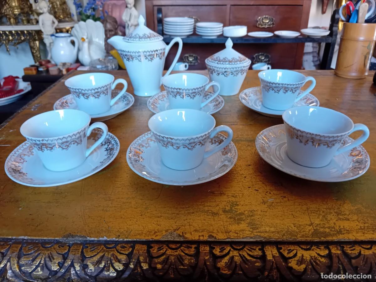 Antig&uuml;edades: Juego de caf&eacute; o t&eacute; de porcelana Royal Gij&oacute;n d&eacute;cada de los 50