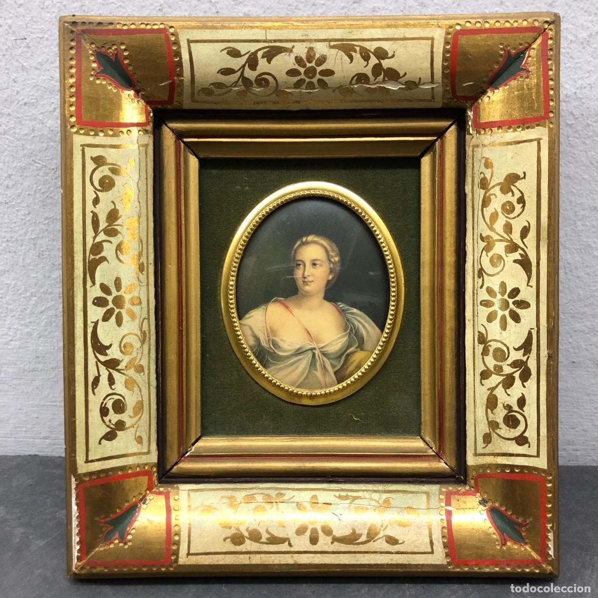 Antig&uuml;edades: PEQUE&Ntilde;O RETRATO - ANNE DE MAILY-NESLE, DUQUESA CH&Acirc;TEAUROUX- MARCO MADERA PINTADA - 19 X 17 CM / 1640