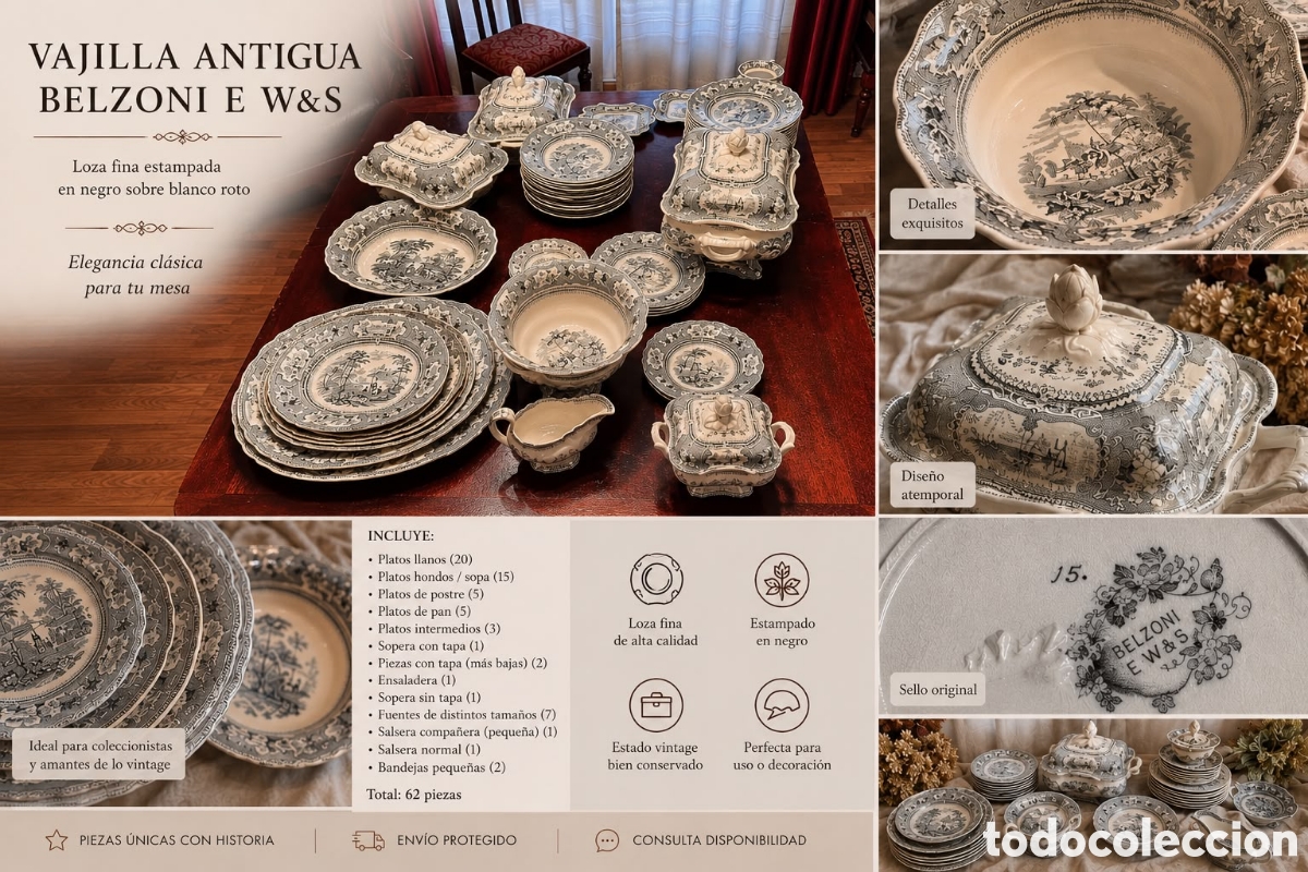 Oggetti Antichi: Antigua vajilla inglesa de porcelana &rdquo;Belzoni&rdquo;, fabricada por Edward Walley & Sons (Staffordshire, I