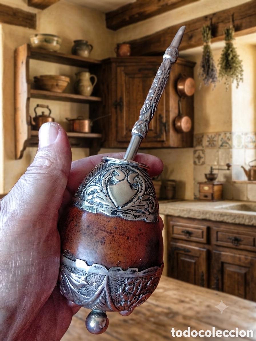Antig&uuml;edades: Mate de plata y bombilla de plata 800 - Foto 1