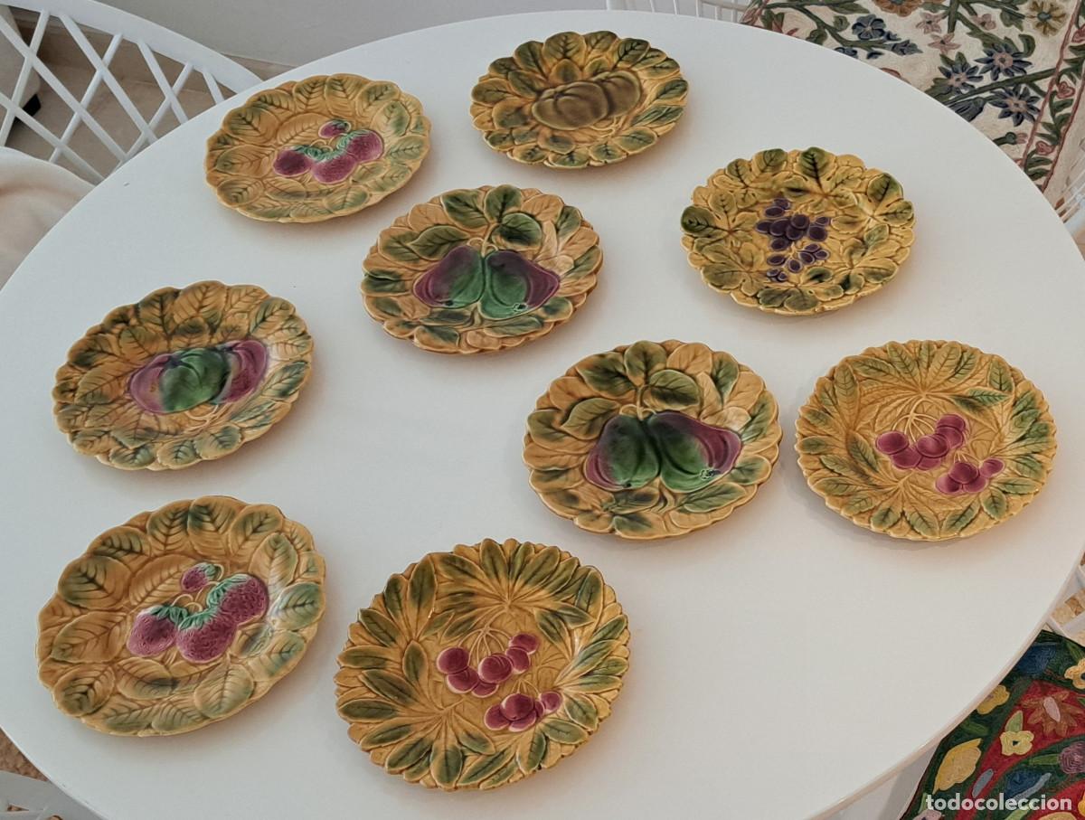 Antig&uuml;edades: CER&Aacute;MICA SARREGUEMINES - LOTE DE 9 PLATOS DE CEREZAS, FRESAS, MEMBRILLOS Y UVAS - ANTIGUOS
