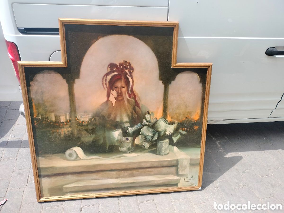 Antig&uuml;edades: Cuadro pintado sobre tabla estilo surrealista y onirico firmado y fechado.