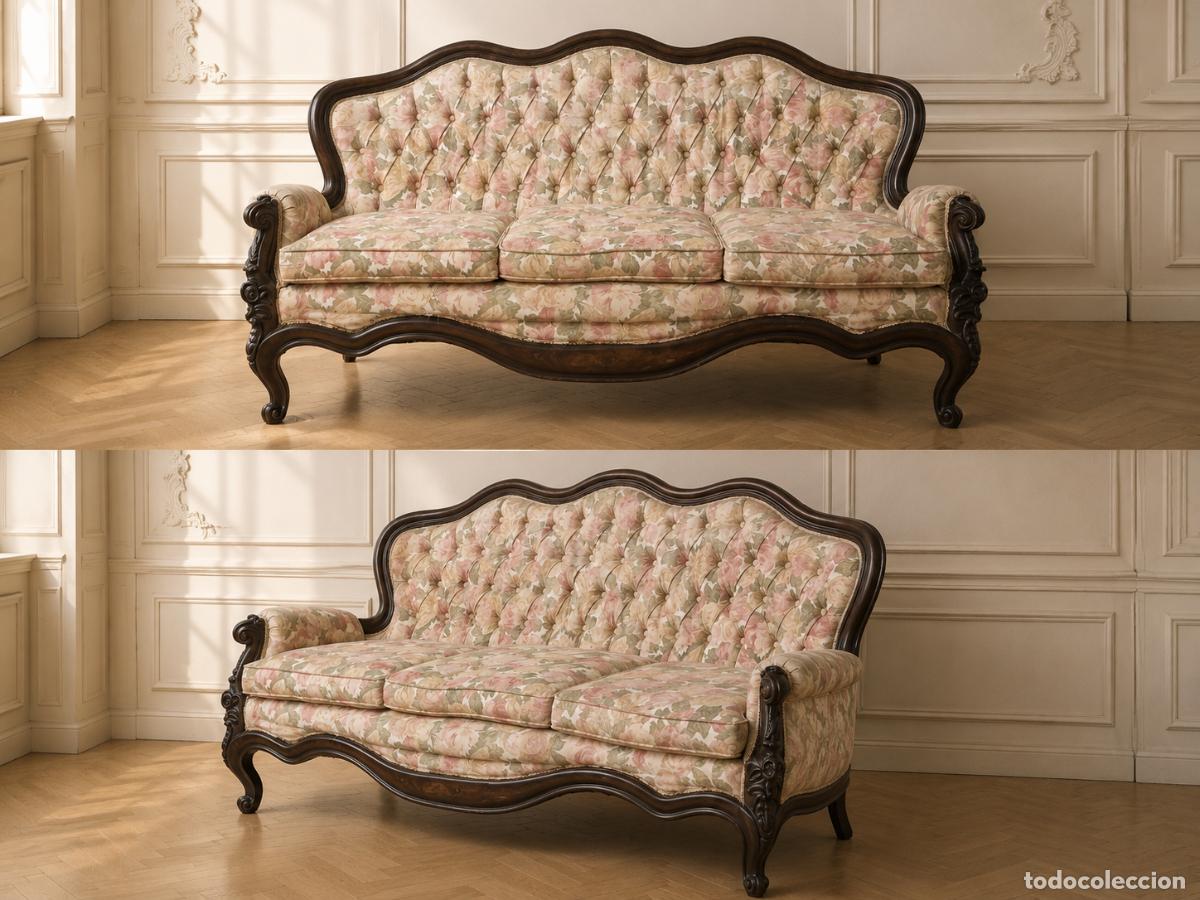 Antiguidades: Sof&aacute; antiguo estilo Luis XV capiton&eacute;. Gran Sof&aacute; antiguo estilo Isabelino. Tresillo antiguo.