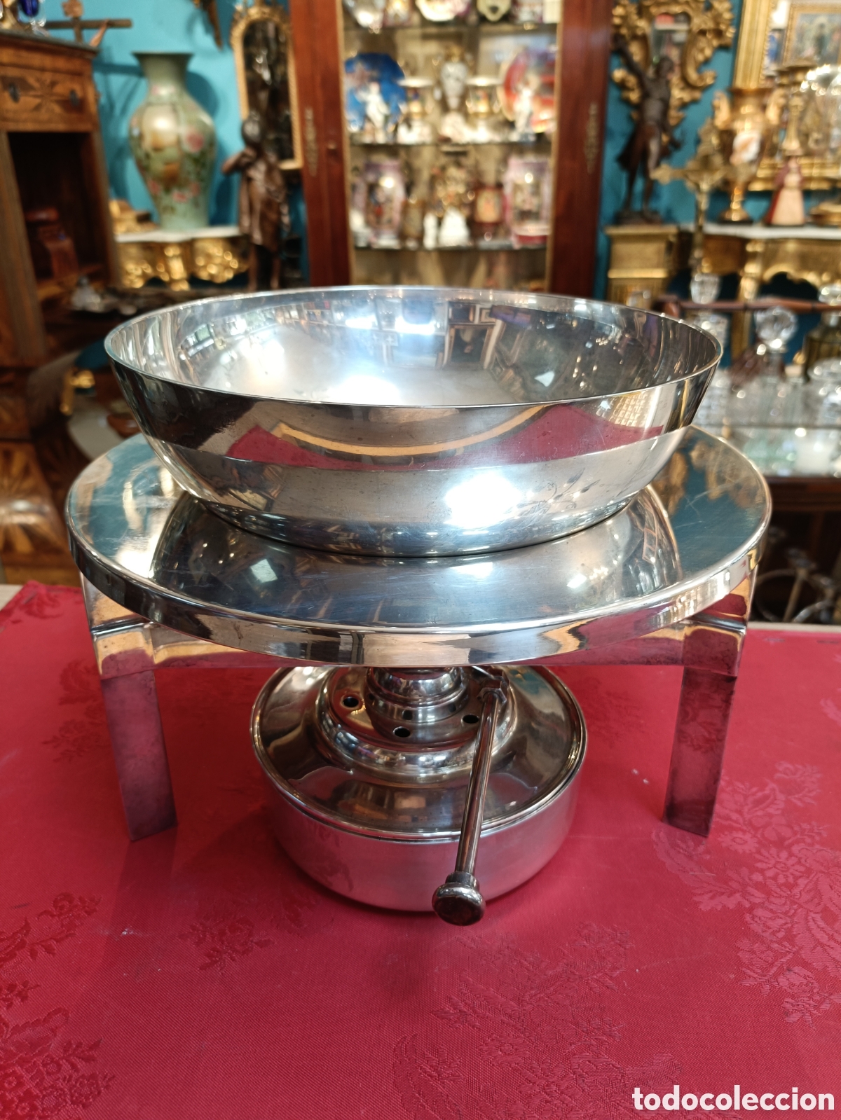 Antig&uuml;edades: Muy raro Rechaud, cocina port&aacute;til franc&eacute;s con cacerola y soporte de metal plateado ba&ntilde;ado en plata