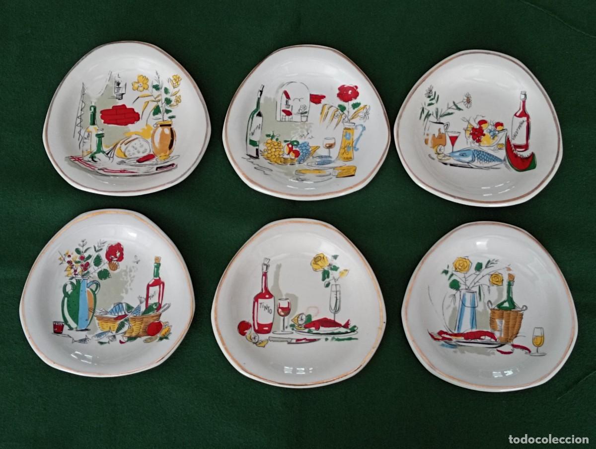 Antig&uuml;edades: 6 platos aperitivos. A&ntilde;os 60-70 de porcelana de Manises, marca CER&Aacute;MICAS HISPANIA.