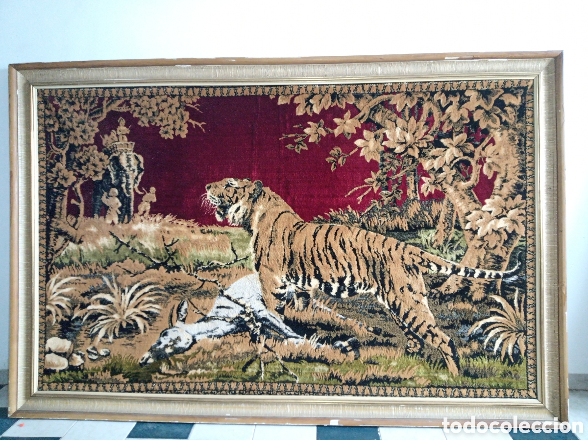 Antig&uuml;edades: Gran Tapiz Vintage a&ntilde;os 70 - Escena de Selva con Tigre - Gran Formato 187x123 cm - Enmarcado