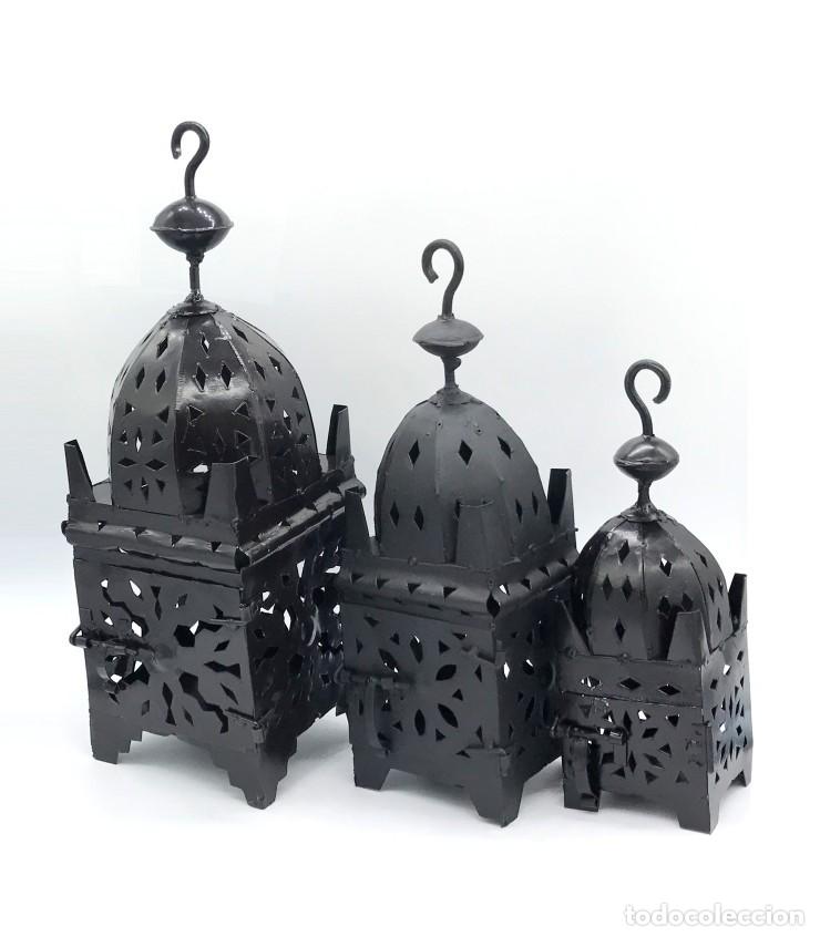 Antig&uuml;edades: Conjunto de 3 Faroles Marroqu&iacute;es de Forja para Vela | Farolillos &Aacute;rabes Decorativos para Patio, Jard