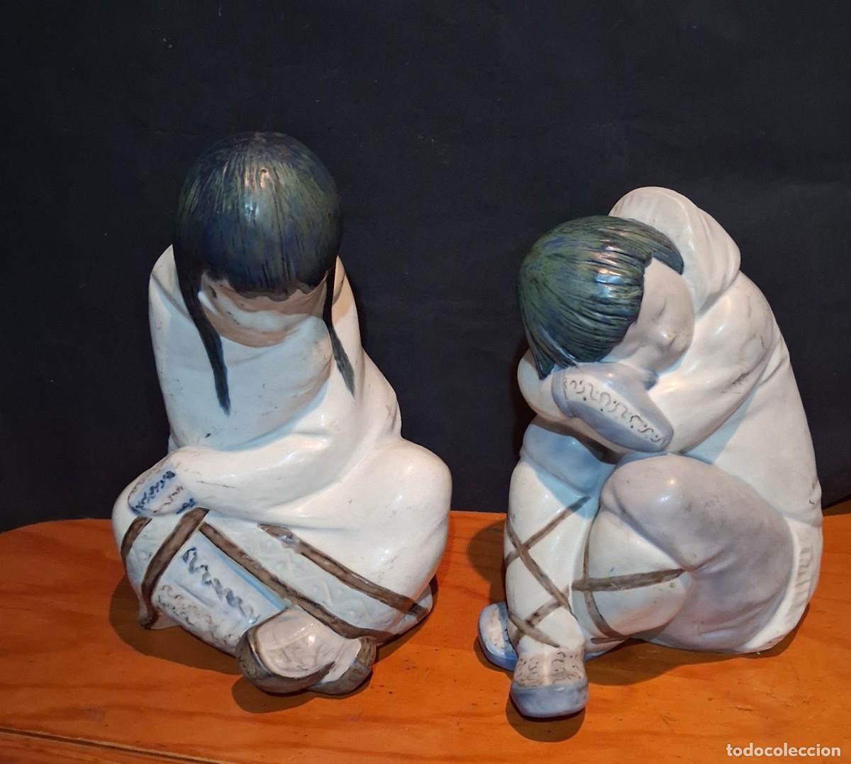 Antig&uuml;edades: Pareja de esquimales Figuras de porcelana mate de Lladro a&ntilde;os 70 marcadas