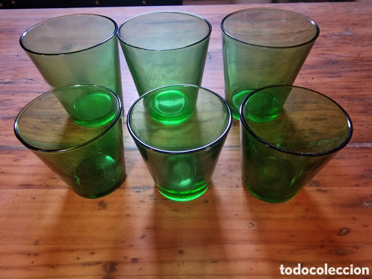 Antig&uuml;edades: Lote 6 antiguos vasos numerados en base pone elsa y n&uacute;mero, en verde