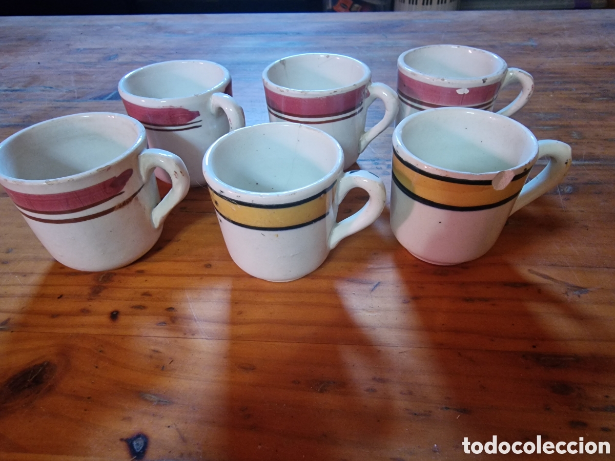 Antig&uuml;edades: Lote 6 antiguas tazas de caf&eacute;, cer&aacute;mica esmaltada pintadas,a&ntilde;os 50-60