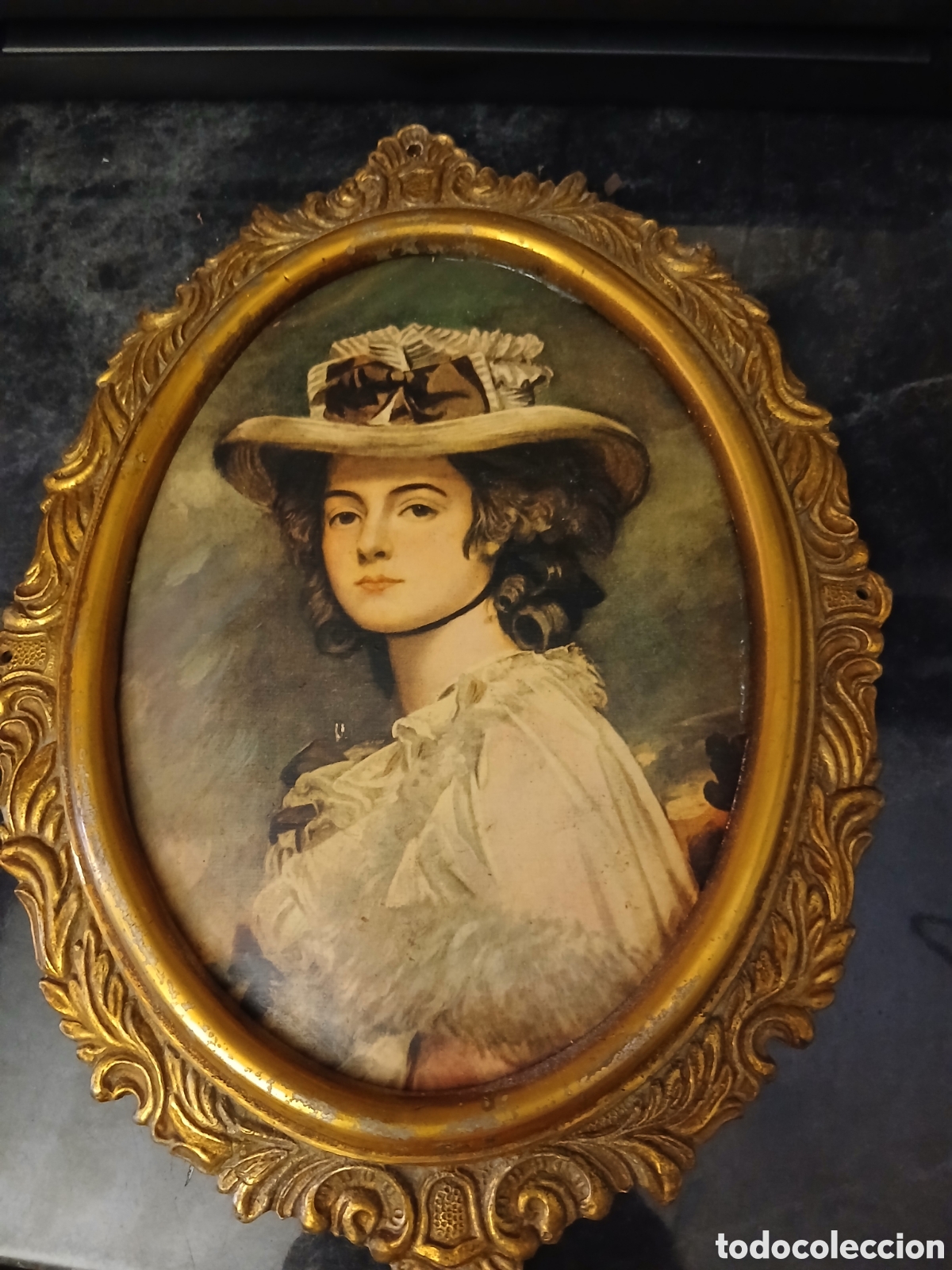 Antig&uuml;edades: Reproduccion del retrato clasico Mrs Davies Davenport con marco de bronce 26 x 19 cns