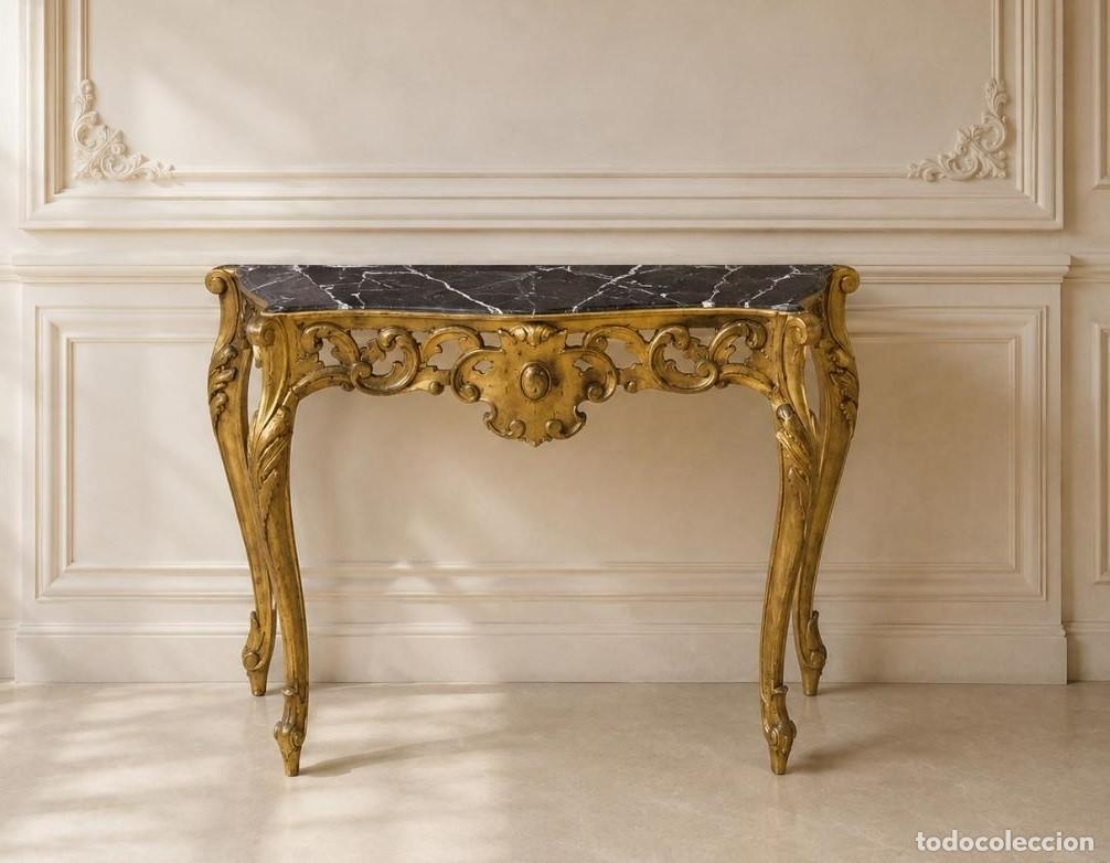 Antiguidades: Consola antigua estilo Luis XV pan de oro. Mueble Consola antigua vintage dorada estilo isabelino.