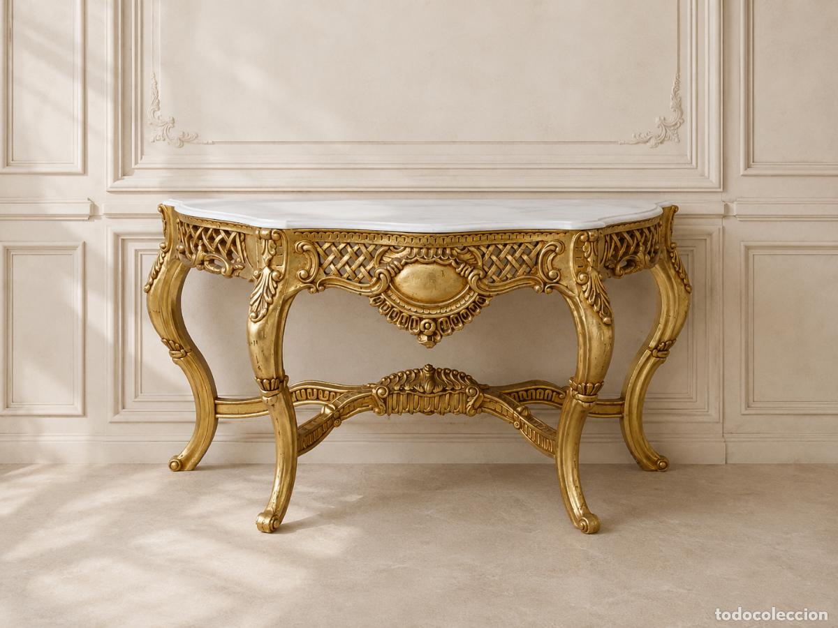 Antig&uuml;edades: Consola antigua estilo Luis XV (142 cm). Mueble Consola antigua dorada pan de oro Barroco Isabelino.