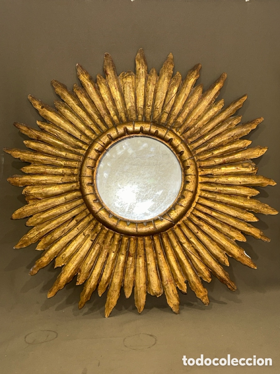 Antig&uuml;edades: ANTIGUO ESPEJO SOL DE MADERA TALLADA Y DORADA S.XIX , 75 CM DI&Aacute;METRO